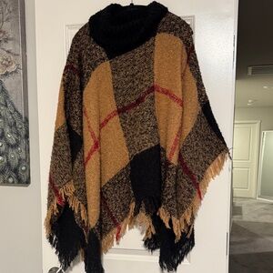 Steve Madden Black and Tan Plaid Poncho